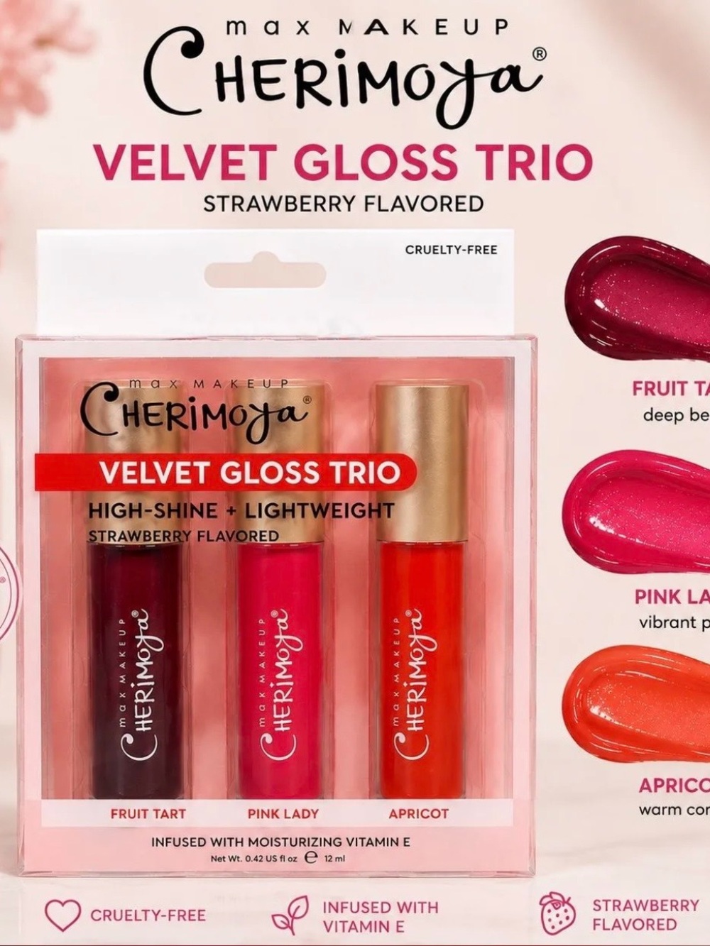 Cherimoya Velvet Gloss Trio — Fruit Tart, Pink Lady, Apricot NWT